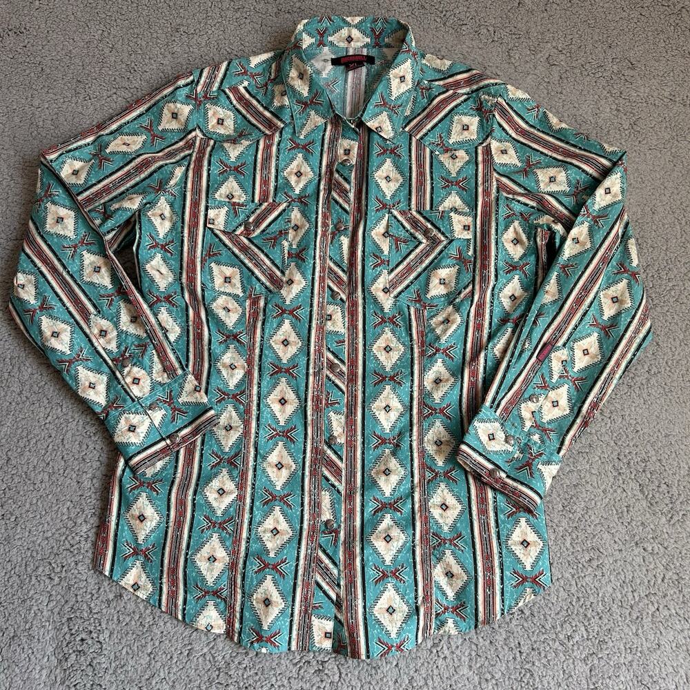 Rock & Roll Cowboy Shirt Mens Large Blue Aztec Snap Front Modern Fit Long Sleeve - Picture 1 of 16